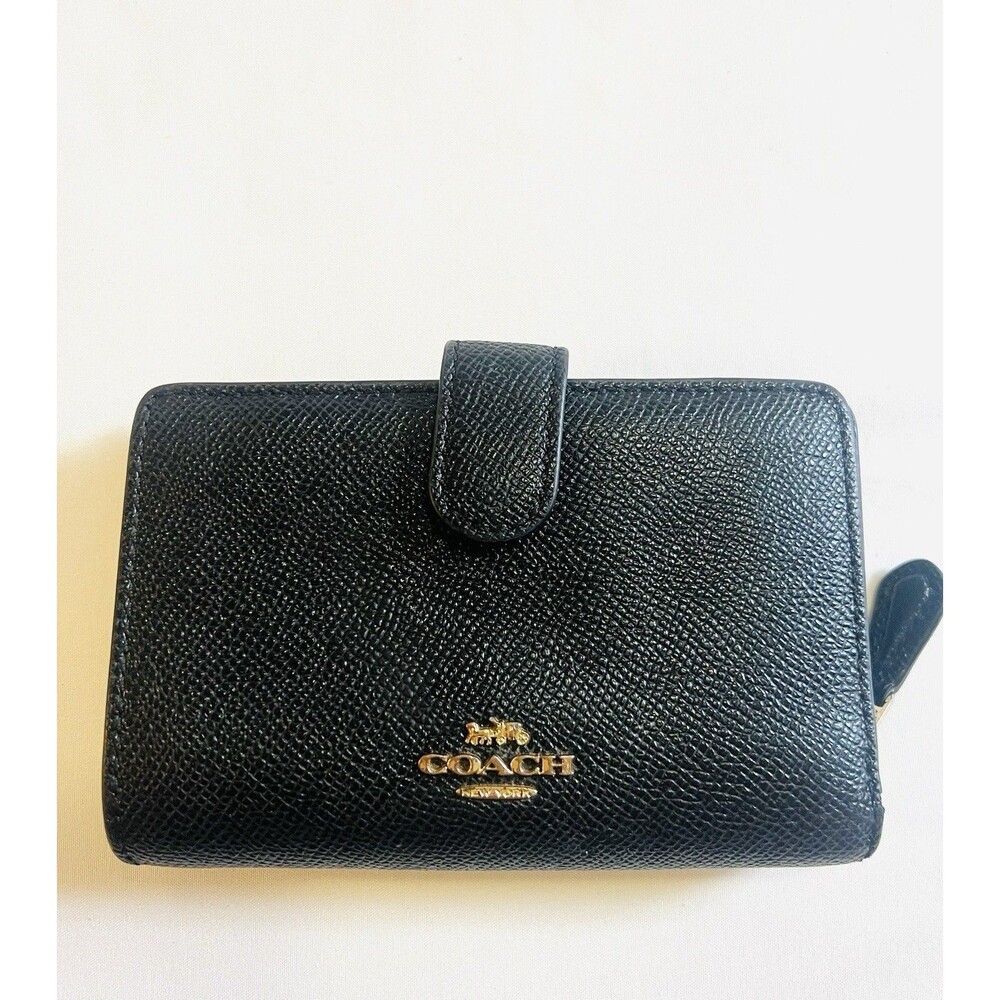 COACH Medium Corner Zip Wallet Black Crossgrain Leather Compact Bifold 4x3.5 Flw
